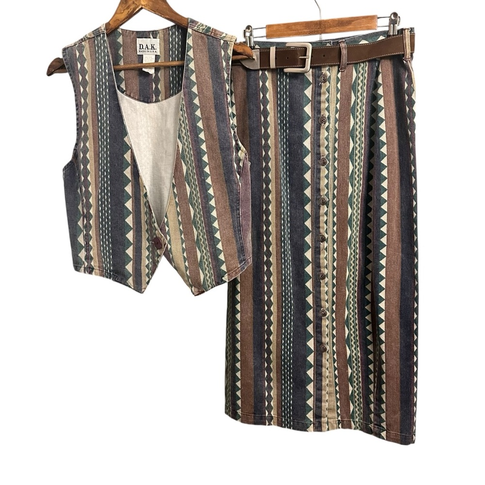 Vintage Denim Vest and Skirt Set Western Geometric Women’s Medium USA Prairie